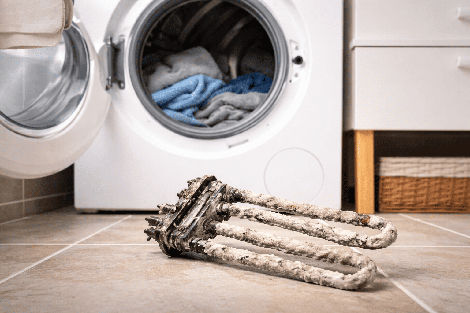 Práčka s otovrenými dverami a pred ňou je poškodené výhrevné teleso